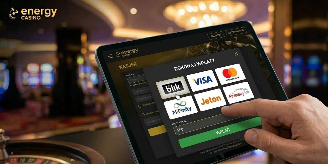 Sekcja kasjera Energy casino z metodami wpłaty BLIK, Visa i Mastercard