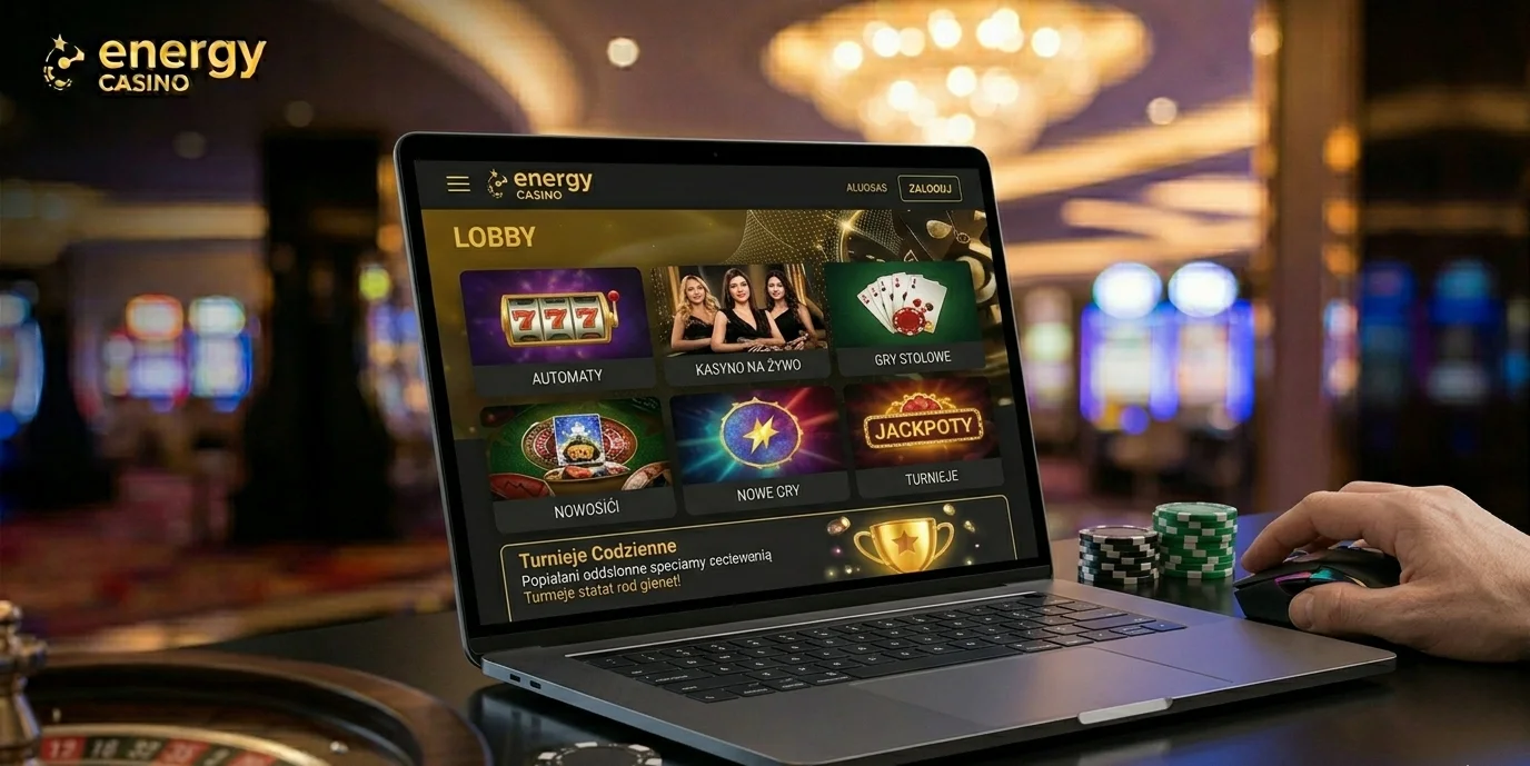 Lobby gier Energy casino z kategoriami slotów i live casino na desktopie